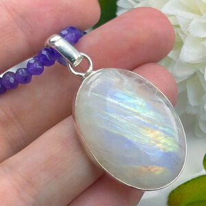 Rainbow Moonstone Pendant Necklace Solid Sterling Silver 925 Boho Southwest